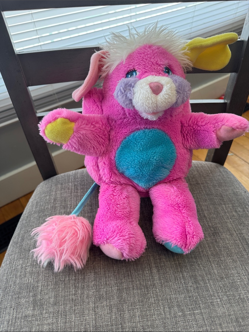 Vintage 1986 Pink multi coloured Popple plush blue tummy